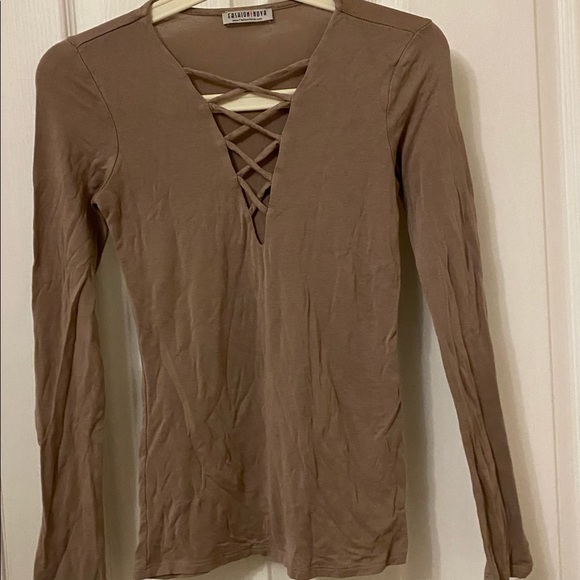 Taupe long sleeve lace up fashion nova shirt - size small - Picture 1 of 4